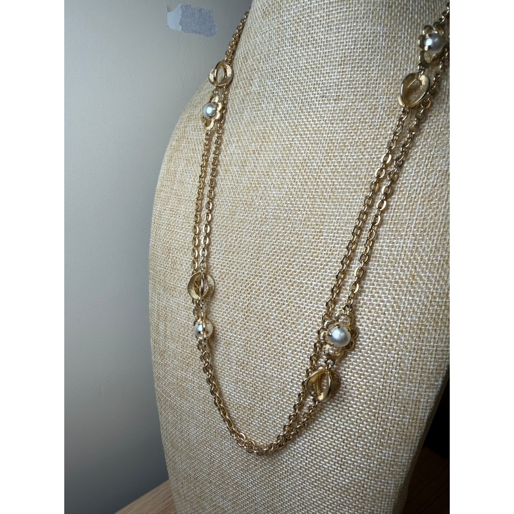 Vintage Gold Faux Pearl Floral Station Long Double Strand Chain Necklace Retro - Picture 6 of 9